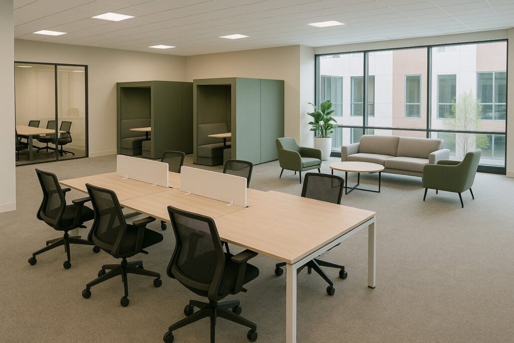 Office space designed to foster teamwork and innovation with flexible seating options.