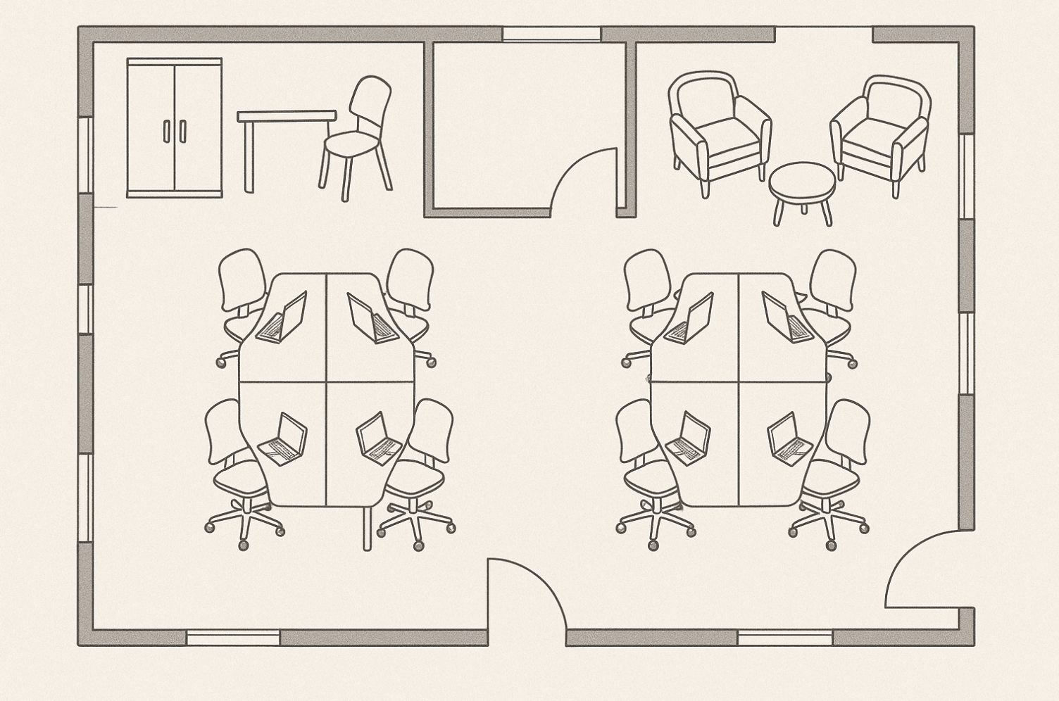Office meeting room with ergonomic chairs, desks, and lounge area for productivity.