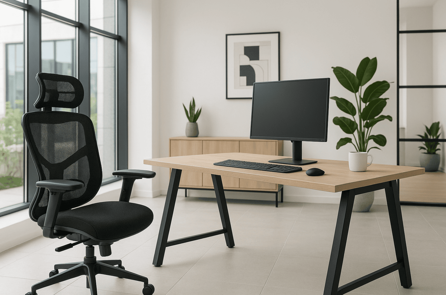Ergonomic office furniture including adjustable chair and desk for productivity and comfort in a mod.