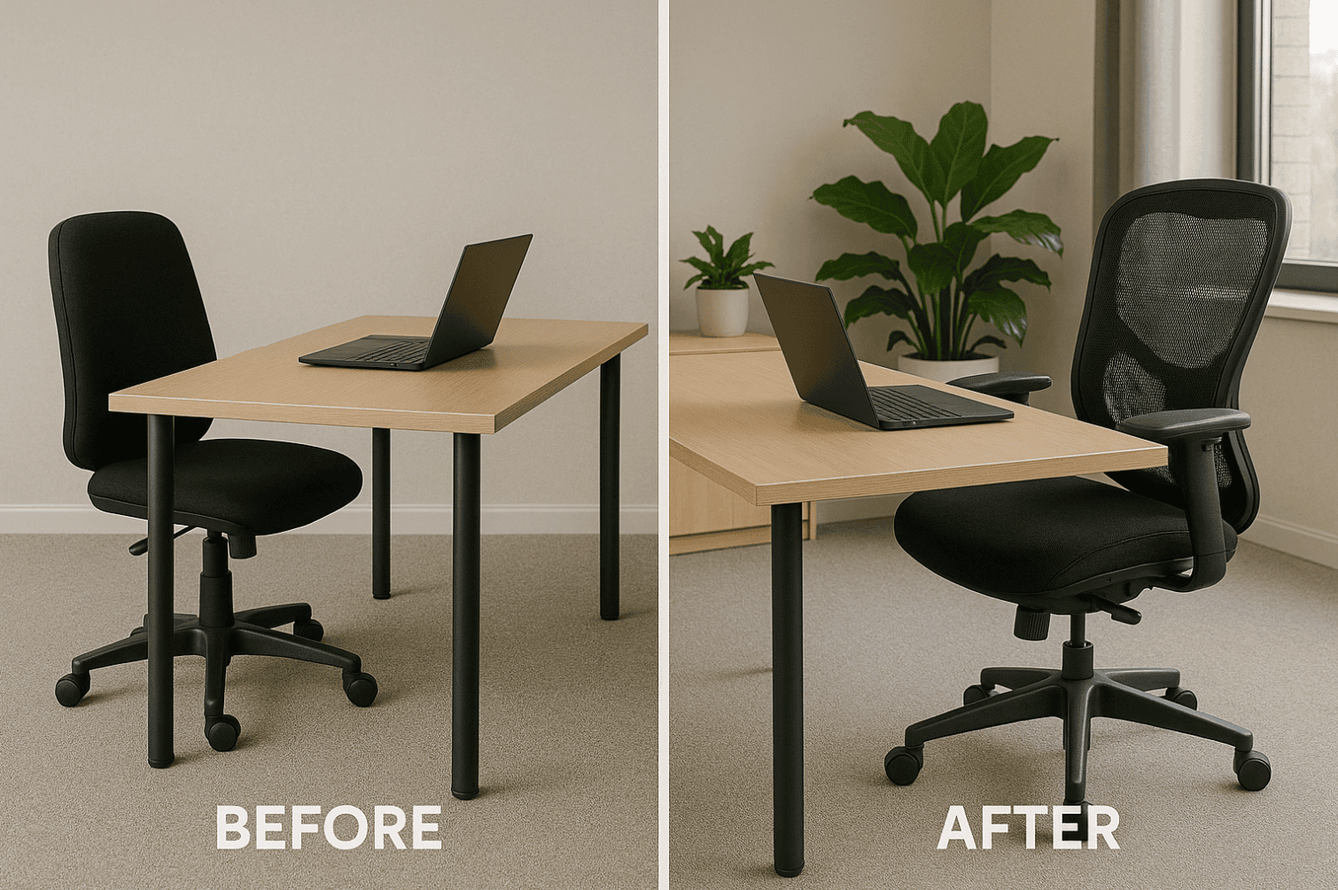 Ergonomic office chairs and desks for improved comfort and productivity in workspace setups.