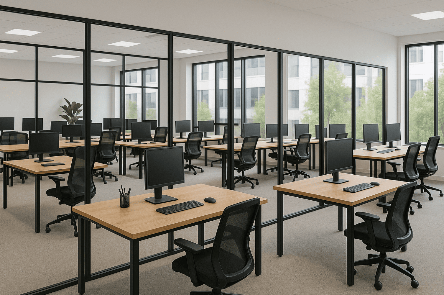 Office workspace with multiple desks and computers in a modern, open-plan setting.