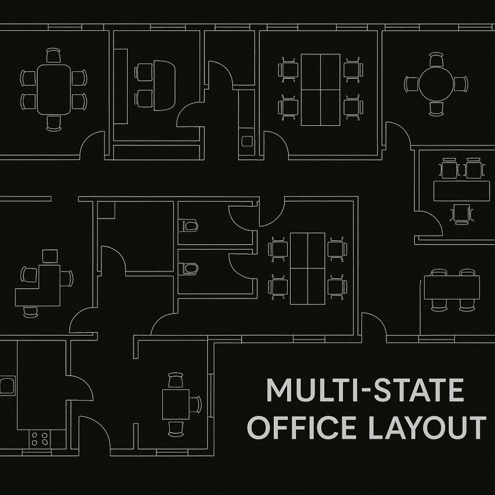 Multi-state office layout with modern furniture and conference areas.