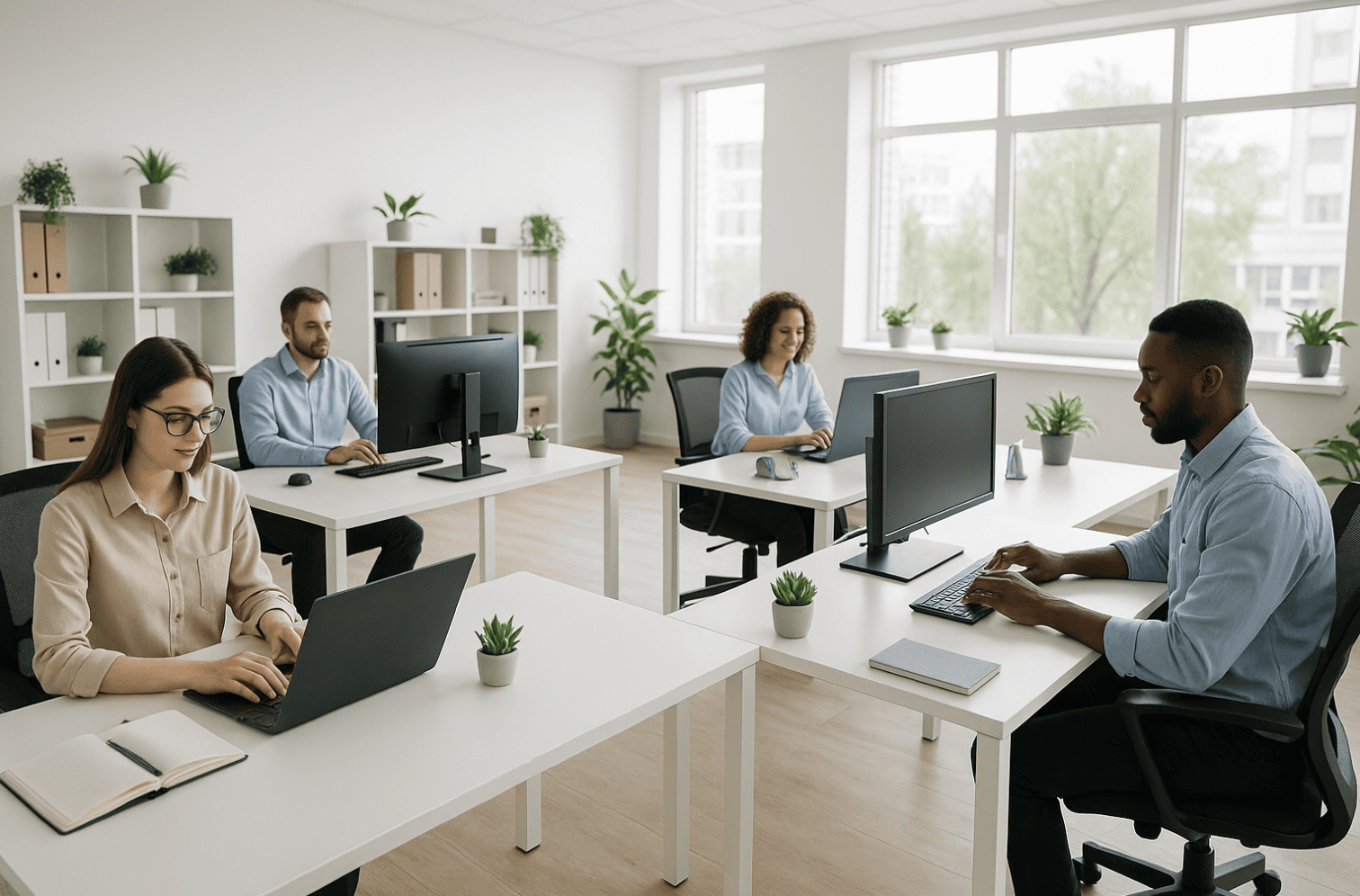 Office team working at desks with computers in a bright, modern workspace.