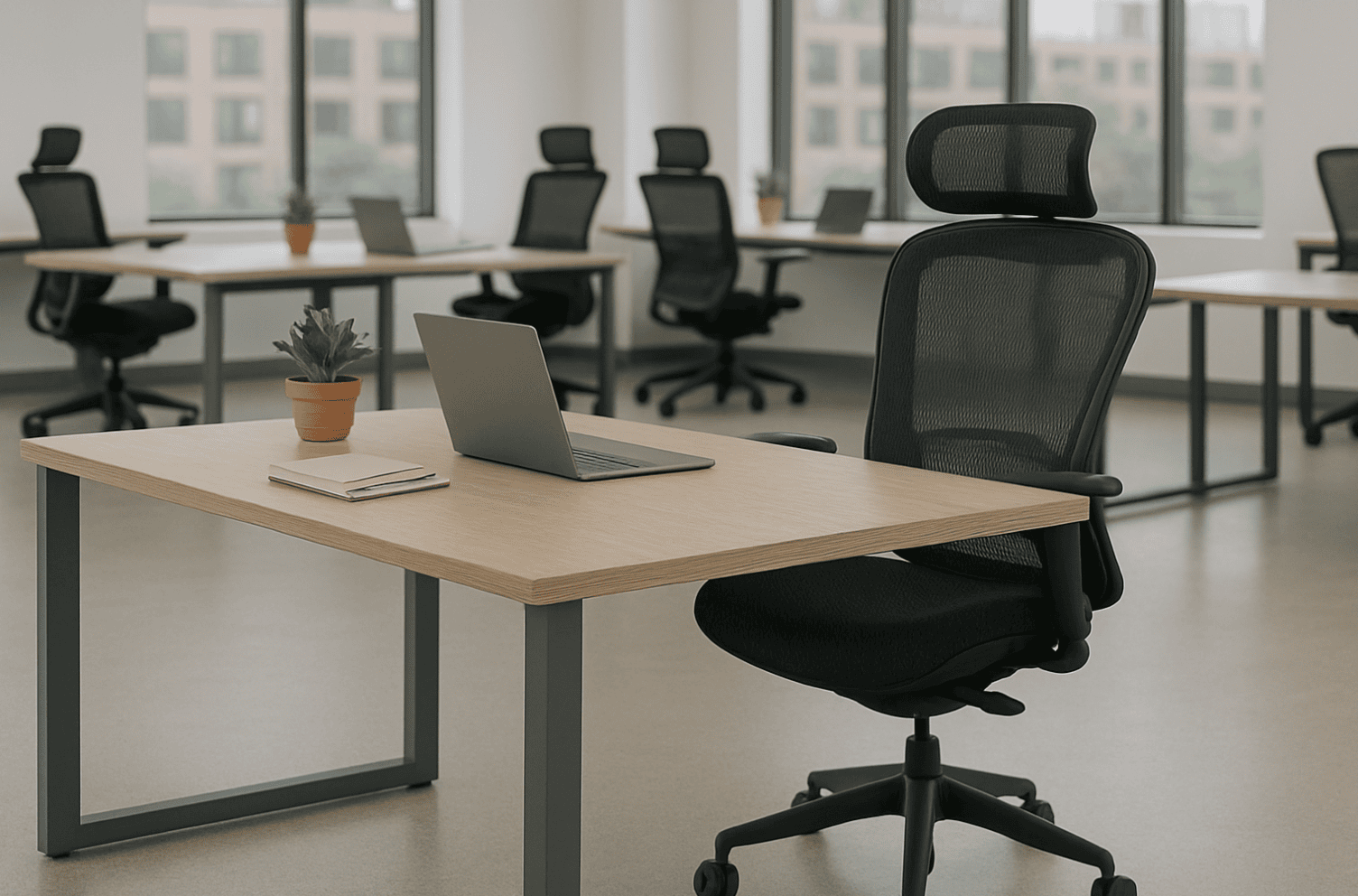 Ergonomic office chair and desk in a modern, eco-friendly workspace.