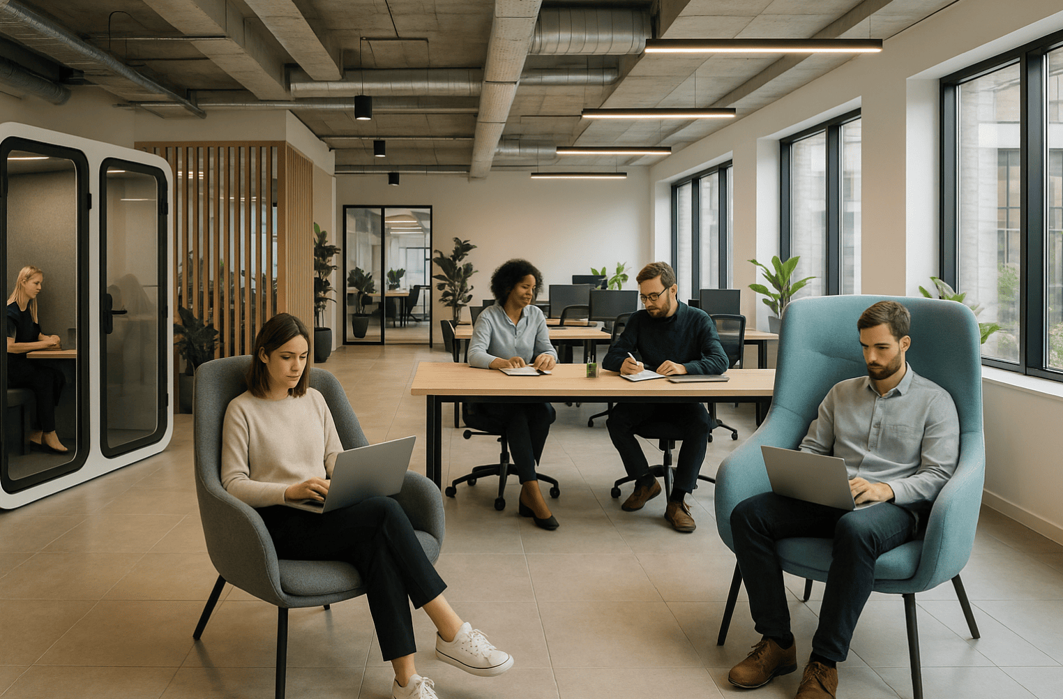 Collaborative office space with focus zones and natural light for productivity.