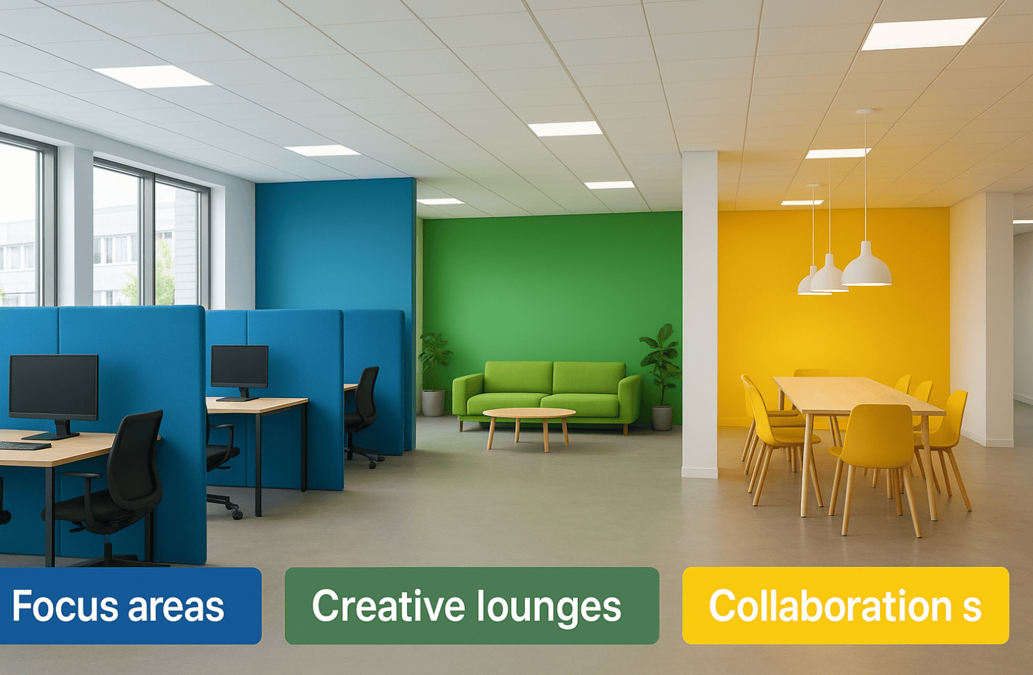Vibrant office space with color-coded zones for focus, creative lounges, and collaboration areas.