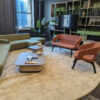 Contemporary office lounge with comfortable chairs, sofa, and lush green accents.