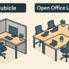 Workspace design comparison between cubicles and open office layouts for productivity.