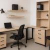 Compact office furniture with desk, shelves, and chairs for small business use.