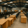 Office furniture liquidation warehouse for sustainable reuse.