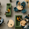 Office furniture arrangement promoting productivity and teamwork.