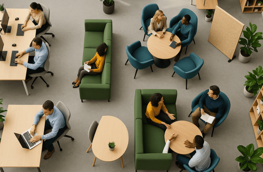 Office furniture arrangement promoting productivity and teamwork.
