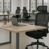 Ergonomic office chair and desk in a modern, eco-friendly workspace.