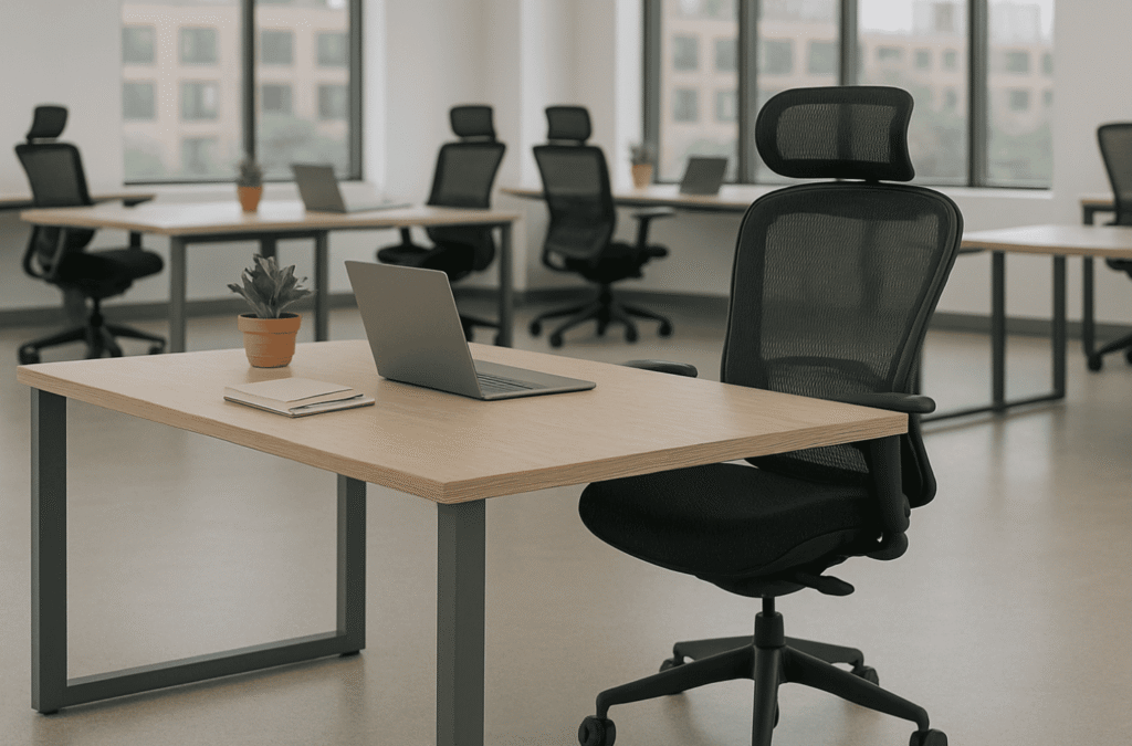 Ergonomic office chair and desk in a modern, eco-friendly workspace.