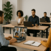 Remote and hybrid work meeting setup with diverse team members on video call.