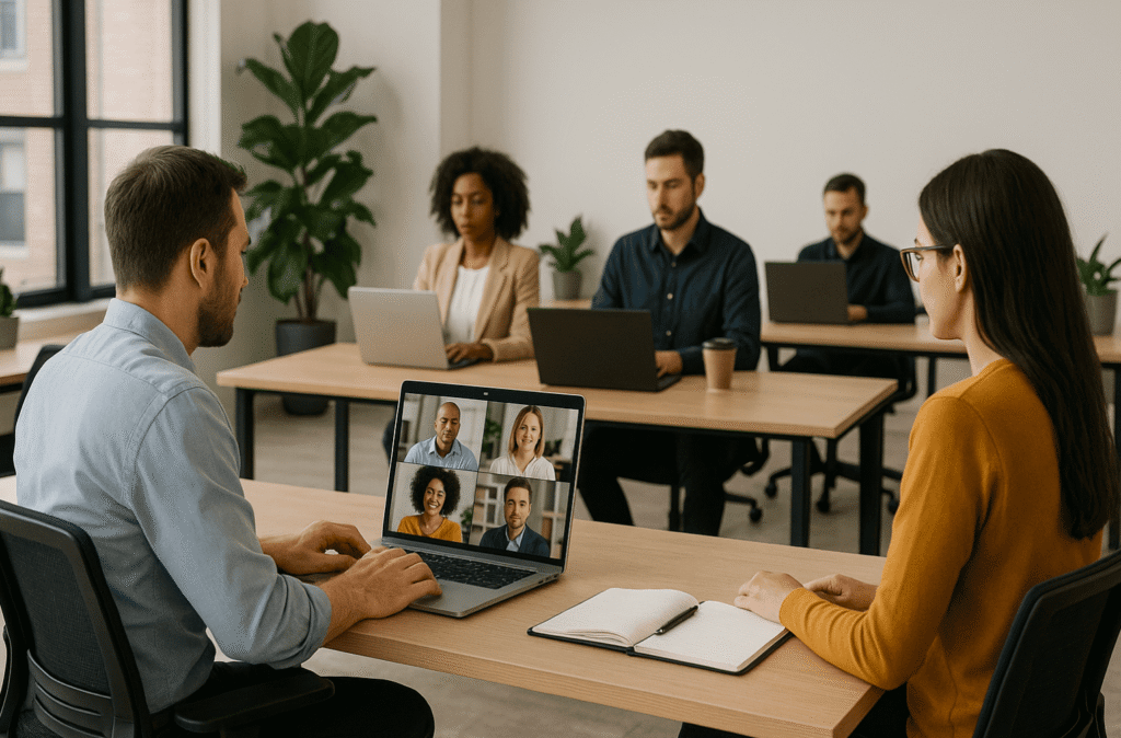 Remote and hybrid work meeting setup with diverse team members on video call.