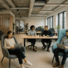 Collaborative office space with focus zones and natural light for productivity.