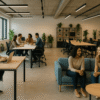 Bright co-working space with flexible desks, plants, and natural light for collaborative work.