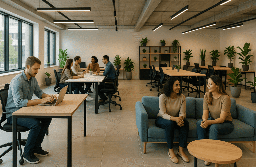 Bright co-working space with flexible desks, plants, and natural light for collaborative work.