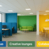 Vibrant office space with color-coded zones for focus, creative lounges, and collaboration areas.