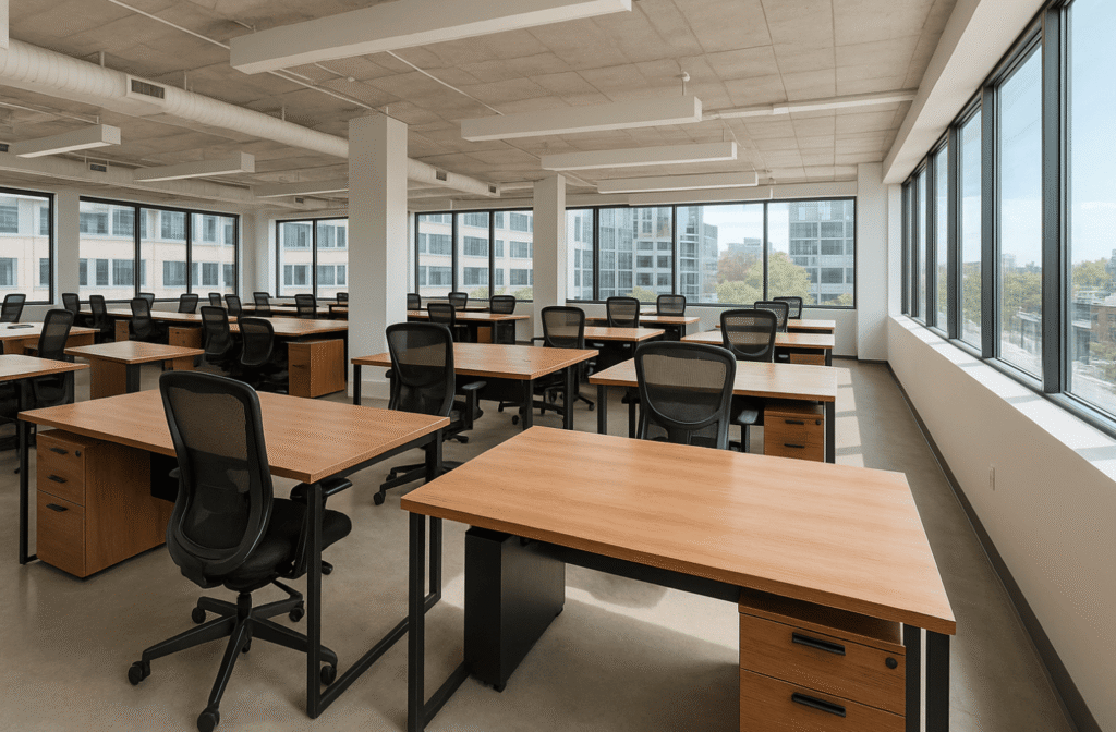 Owned office furniture setup in a bright, spacious workspace promoting productivity and cost savings.