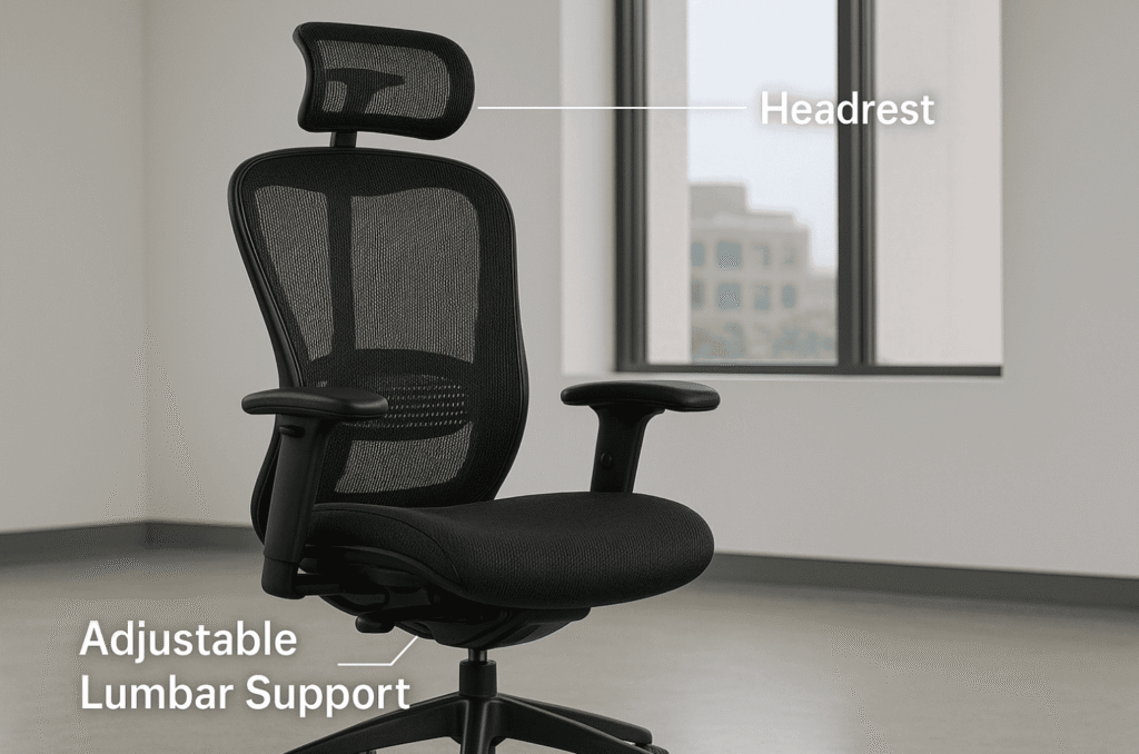 Ergonomic office chair with lumbar support and headrest for better posture and comfort.