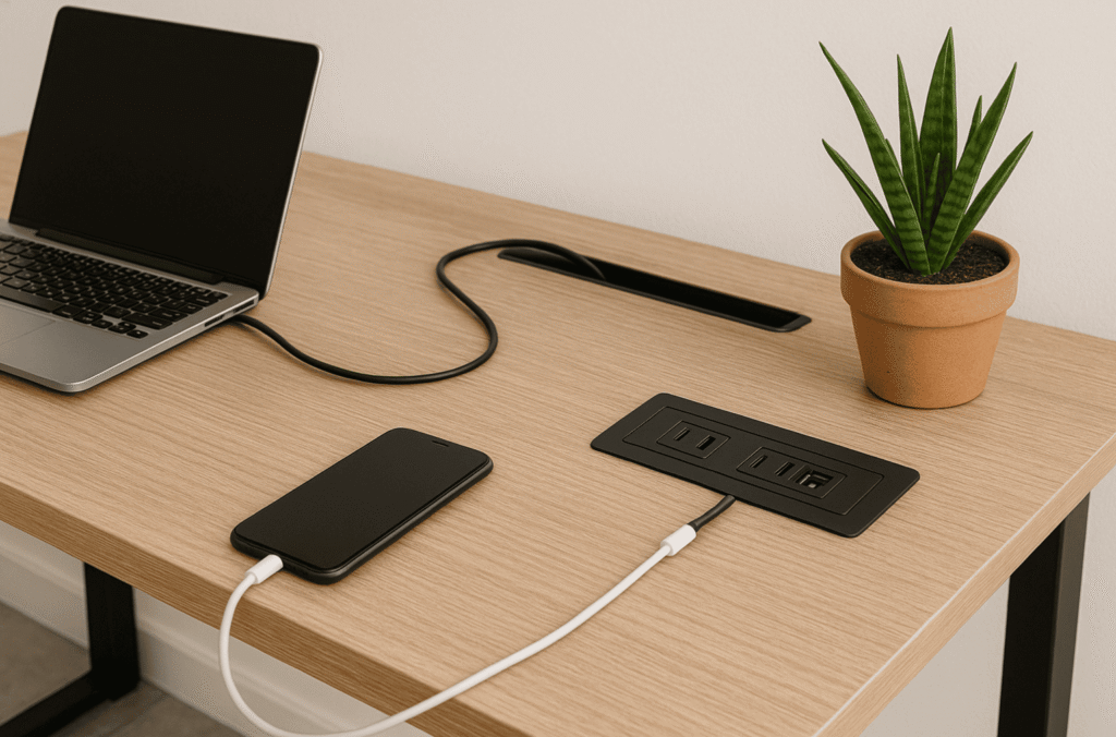 Modern office desk with power outlets, laptop, and potted plant for productive workspace.