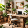 Eco-friendly office with wooden furniture and abundant indoor plants for sustainable workspaces.