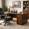 Elegant wooden desk and storage solutions for a productive office environment.