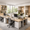 Efficient small office setup featuring ergonomic desks, chairs, and natural light to optimize work a.