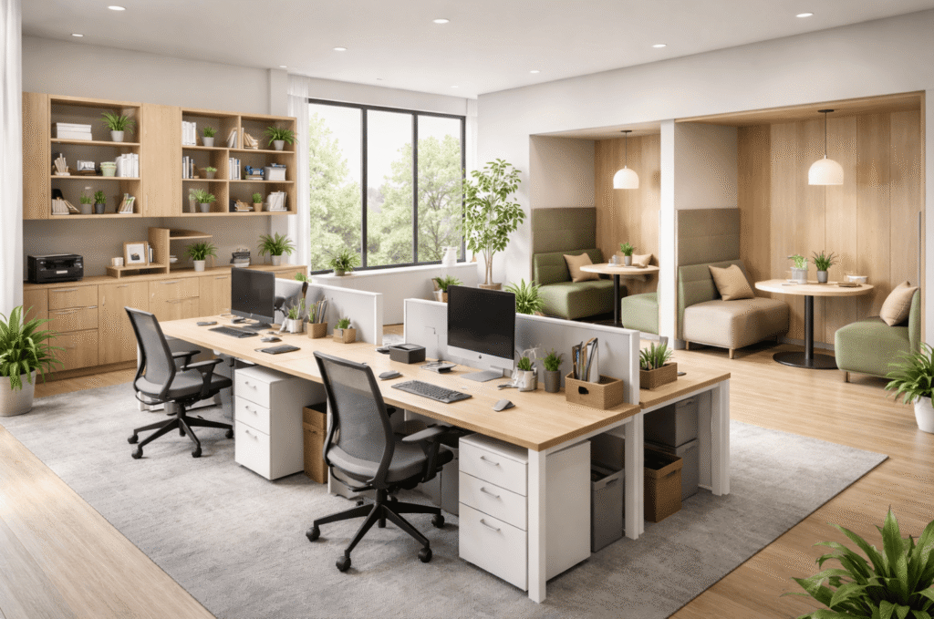 Efficient small office setup featuring ergonomic desks, chairs, and natural light to optimize work a.