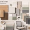 Office interior color palette with furniture and wall color samples.