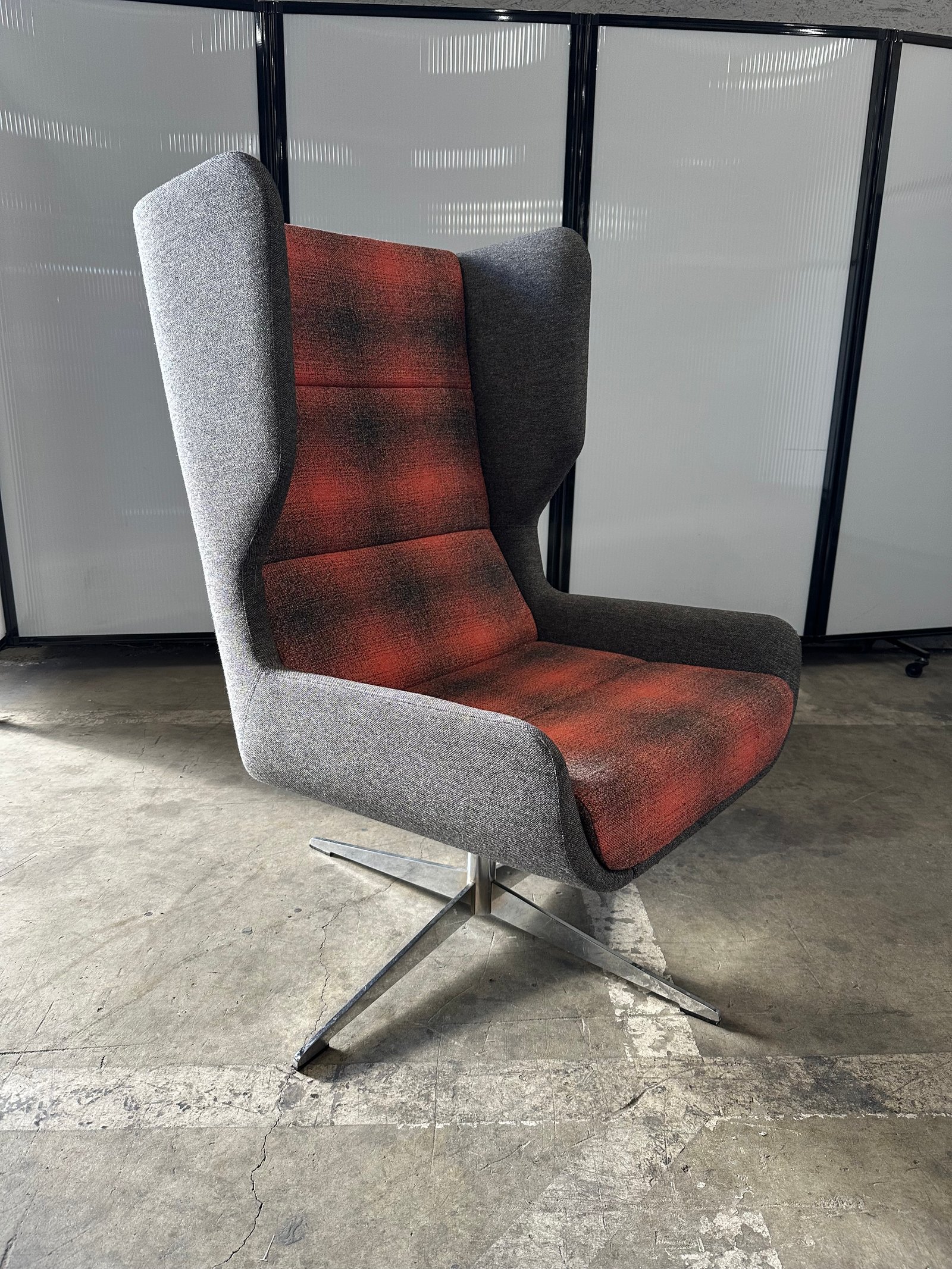 Naughtone light Grey and sunset swivel lounge chair with chrome base