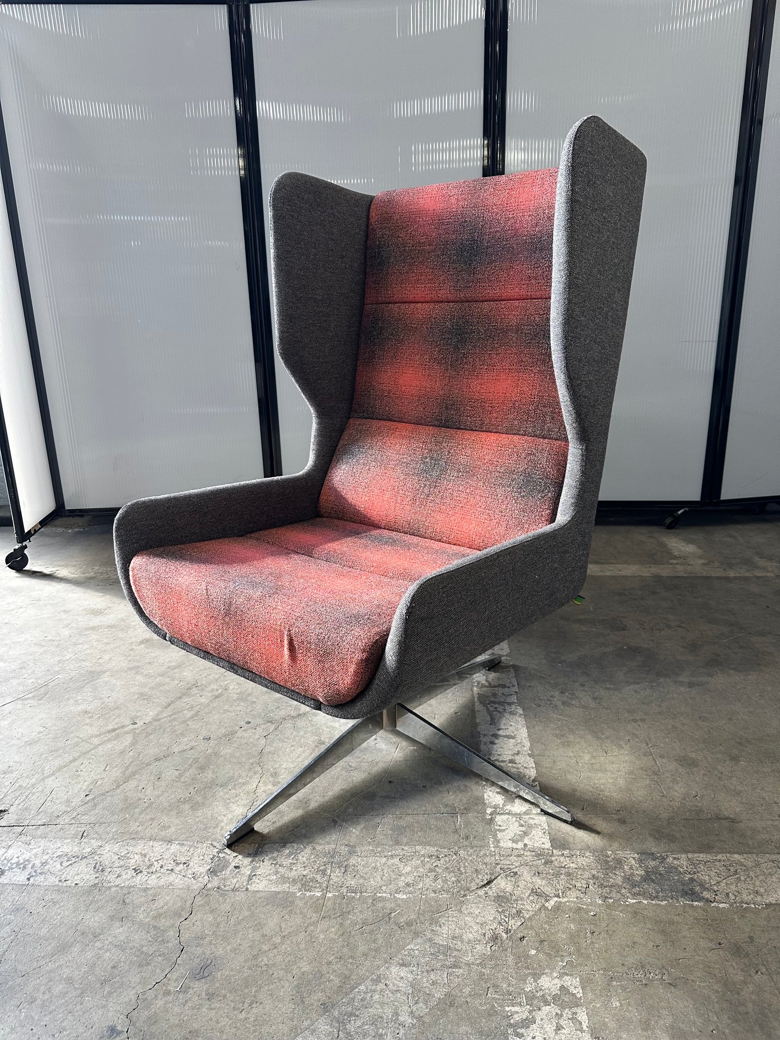 Naughtone light Grey and sunset swivel lounge chair with chrome base