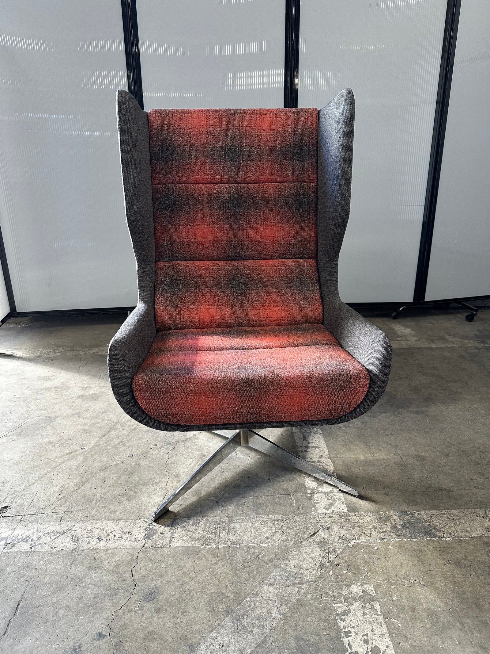 Naughtone light Grey and sunset swivel lounge chair with chrome base