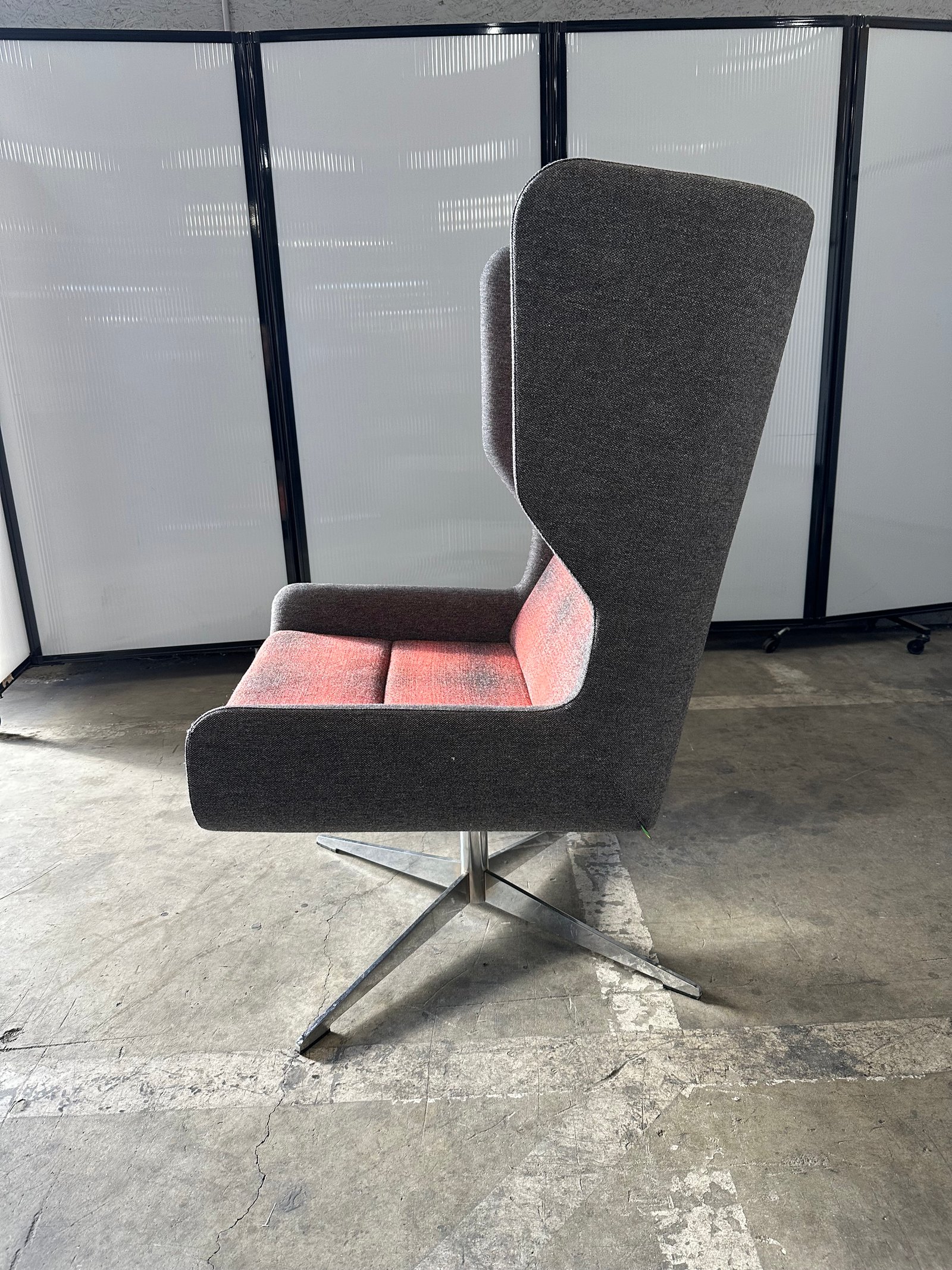 Naughtone light Grey and sunset swivel lounge chair with chrome base