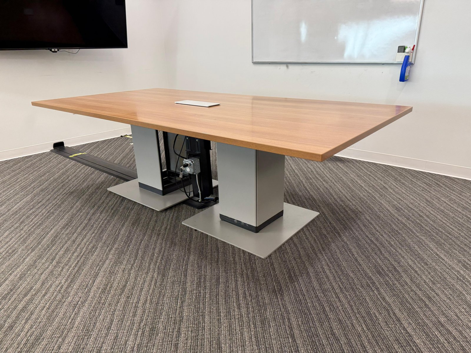 Steelcase 9x4 Powered Wooden Top & Silver Base Conference Table